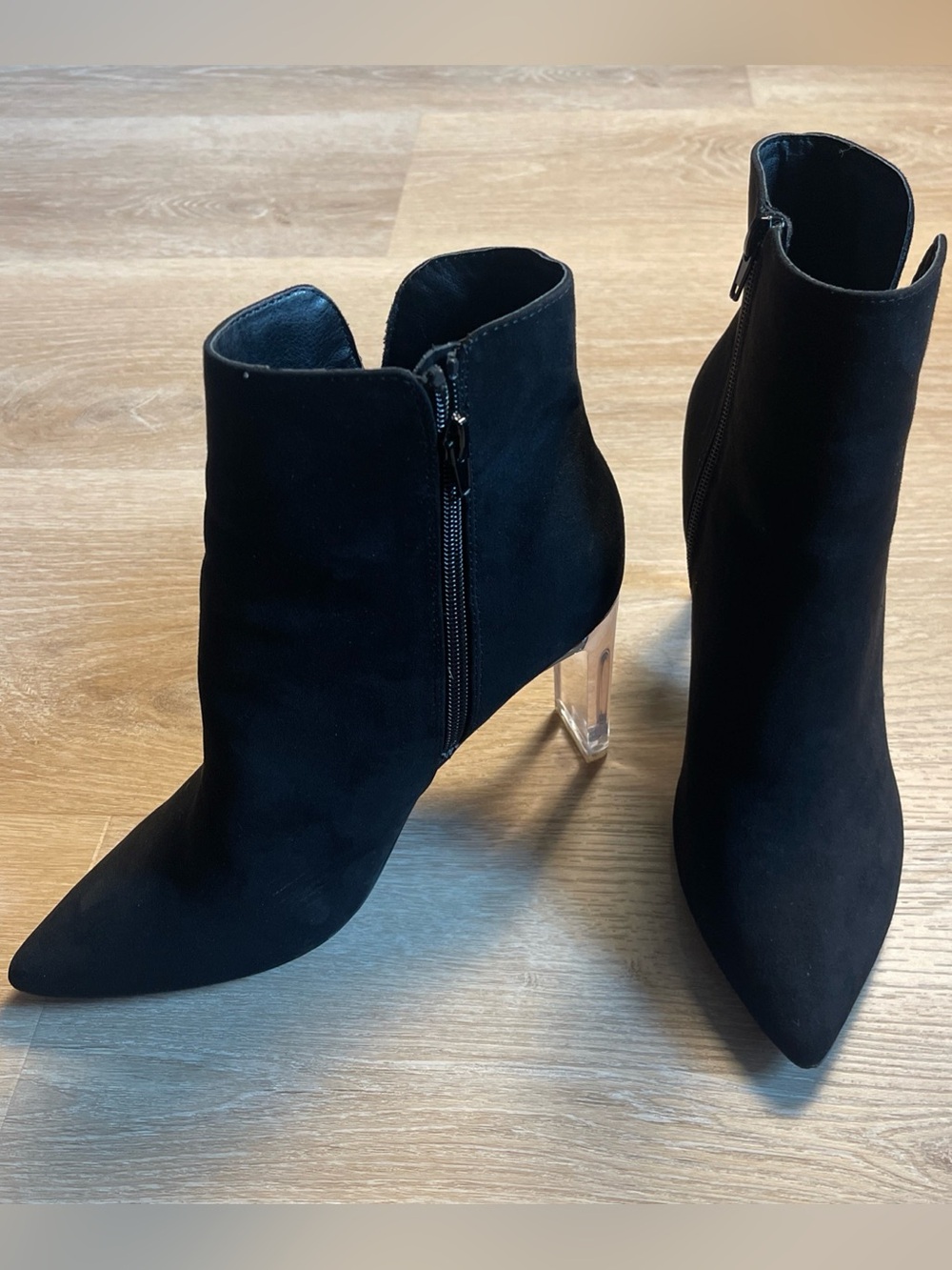 MARC NEW YORK Black Faux Suede Clear Lucite Heels Pointed Toe Zip Ankle Booties